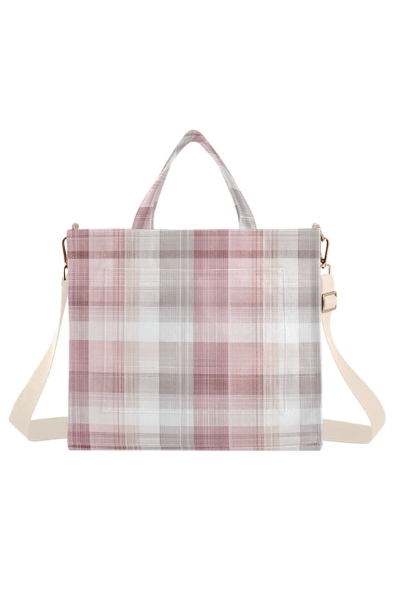 Corduroy Composite Fabric Tote Bag Magnetic Snap Large Capacity Crossbody Bag Beige Shoulder Strap Magenta Checkered Pattern
