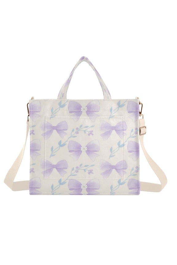 Corduroy Composite Fabric Tote Bag Magnetic Snap Large Capacity Crossbody Bag Beige Shoulder Strap Mauve Bows Clip Art