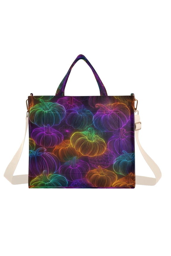 Corduroy Composite Fabric Tote Bag Magnetic Snap Large Capacity Crossbody Bag Beige Shoulder Strap Neon-glowing Pumpkins Pattern
