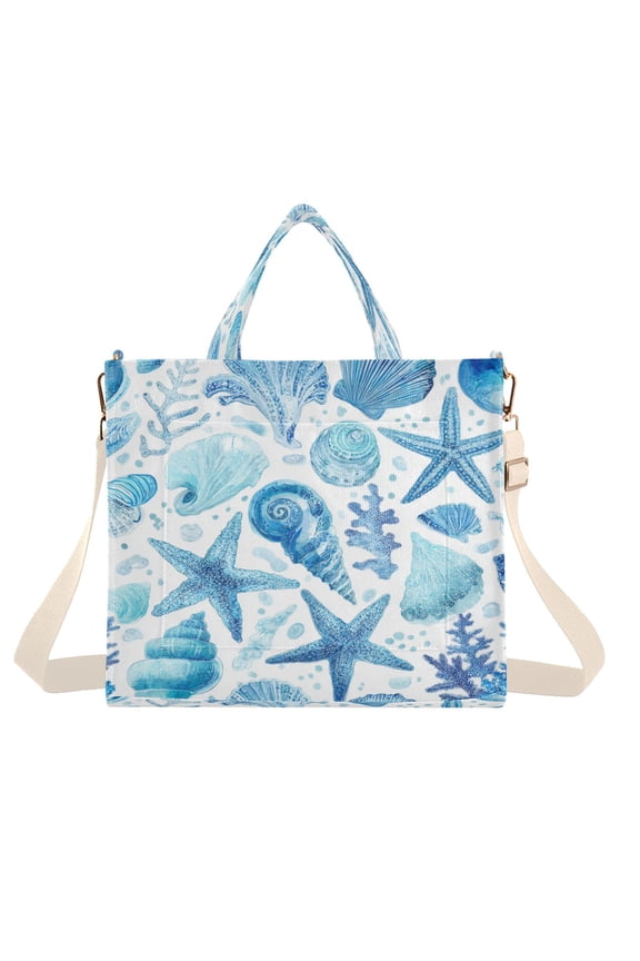 Corduroy Composite Fabric Tote Bag Magnetic Snap Large Capacity Crossbody Bag Beige Shoulder Strap Ocean-inspired Sea Creatures Pattern