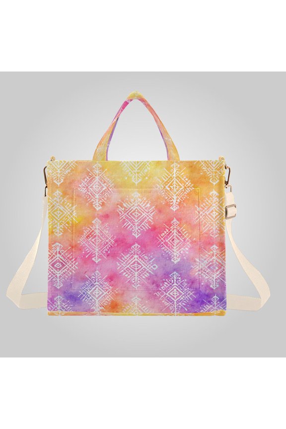 Corduroy Composite Fabric Tote Bag Magnetic Snap Large Capacity Crossbody Bag Beige Shoulder Strap Ombre Ethnic Geometric Print