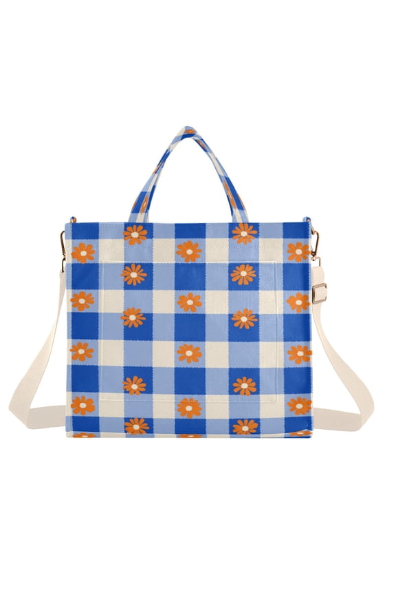Corduroy Composite Fabric Tote Bag Magnetic Snap Large Capacity Crossbody Bag Beige Shoulder Strap Orange Flowers on Checkered Pattern