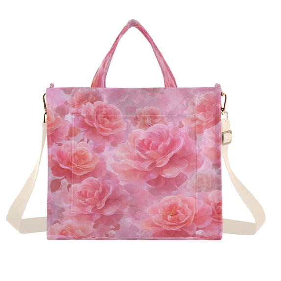 Corduroy Composite Fabric Tote Bag Magnetic Snap Large Capacity Crossbody Bag Beige Shoulder Strap Pale Pink Roses Pattern
