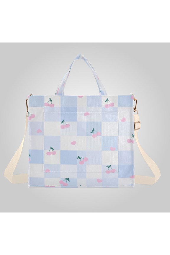 Corduroy Composite Fabric Tote Bag Magnetic Snap Large Capacity Crossbody Bag Beige Shoulder Strap Pastel Cherry Checkered Pattern