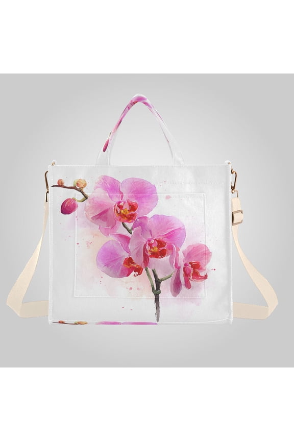 Corduroy Composite Fabric Tote Bag Magnetic Snap Large Capacity Crossbody Bag Beige Shoulder Strap Pink Orchid Bloom