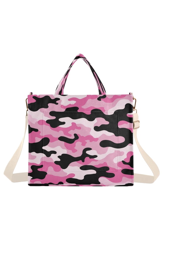 Corduroy Composite Fabric Tote Bag Magnetic Snap Large Capacity Crossbody Bag Beige Shoulder Strap Pink and Black Camouflage Pattern