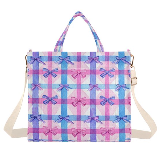 Corduroy Composite Fabric Tote Bag Magnetic Snap Large Capacity Crossbody Bag Beige Shoulder Strap Pink and Blue Bows