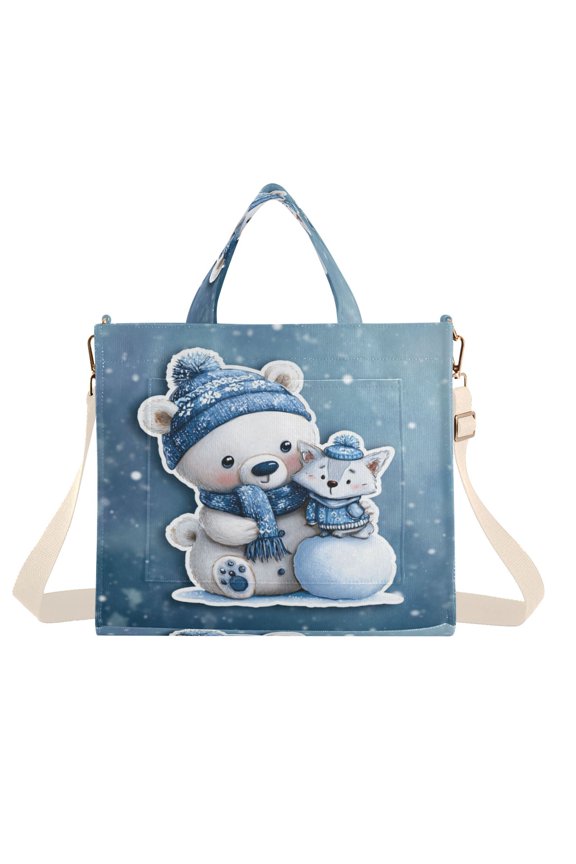Corduroy Composite Fabric Tote Bag Magnetic Snap Large Capacity Crossbody Bag Beige Shoulder Strap Polar Bear and Fox Pattern