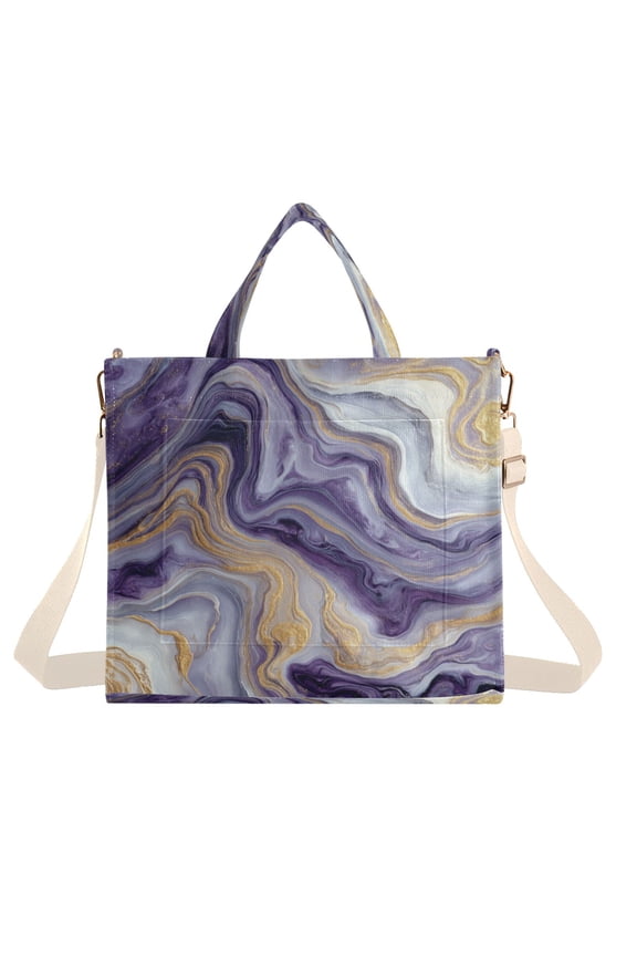 Corduroy Composite Fabric Tote Bag Magnetic Snap Large Capacity Crossbody Bag Beige Shoulder Strap Purple Marble Pattern