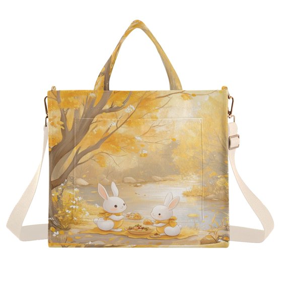 Corduroy Composite Fabric Tote Bag Magnetic Snap Large Capacity Crossbody Bag Beige Shoulder Strap Rabbits Picnic