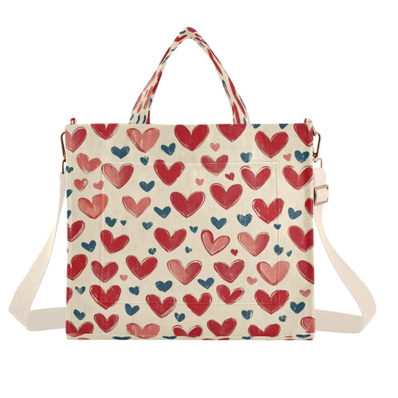 Corduroy Composite Fabric Tote Bag Magnetic Snap Large Capacity Crossbody Bag Beige Shoulder Strap Red Hearts