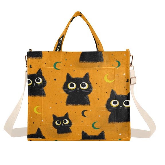 Corduroy Composite Fabric Tote Bag Magnetic Snap Large Capacity Crossbody Bag Beige Shoulder Strap Repeating Pattern Of Big-eyed Cat