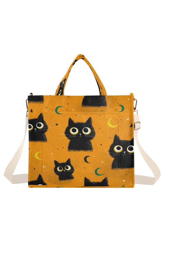 Corduroy Composite Fabric Tote Bag Magnetic Snap Large Capacity Crossbody Bag Beige Shoulder Strap Repeating Pattern Of Big-eyed Cat
