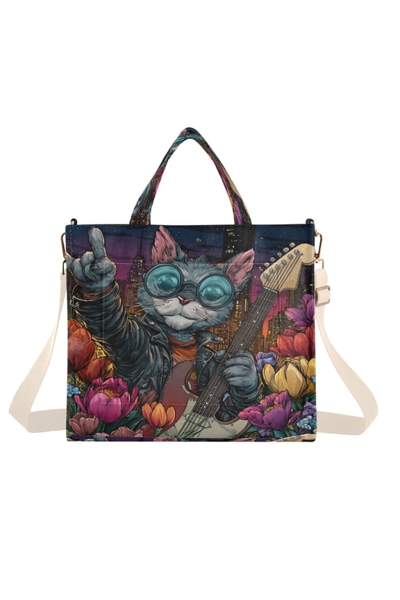 Corduroy Composite Fabric Tote Bag Magnetic Snap Large Capacity Crossbody Bag Beige Shoulder Strap Rockstar Cat