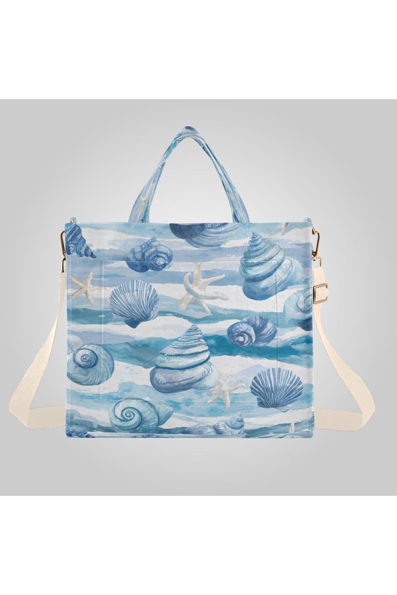 Corduroy Composite Fabric Tote Bag Magnetic Snap Large Capacity Crossbody Bag Beige Shoulder Strap Seashells on Watercolor Waves
