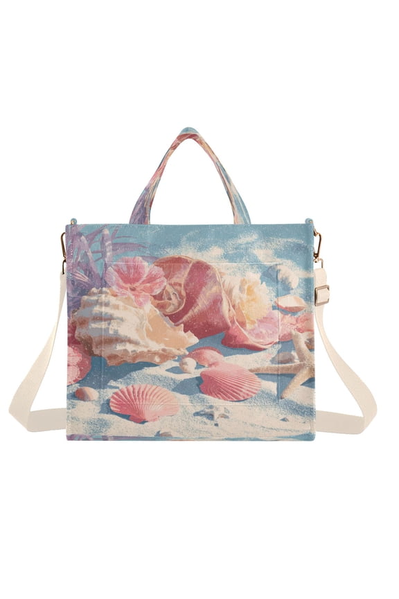 Corduroy Composite Fabric Tote Bag Magnetic Snap Large Capacity Crossbody Bag Beige Shoulder Strap Shell and Conch Pattern