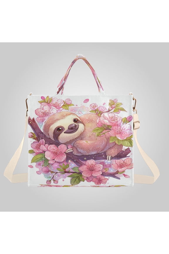 Corduroy Composite Fabric Tote Bag Magnetic Snap Large Capacity Crossbody Bag Beige Shoulder Strap Sloth in Cherry Blossoms
