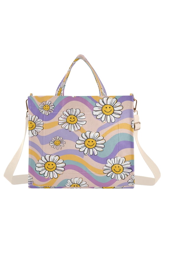 Corduroy Composite Fabric Tote Bag Magnetic Snap Large Capacity Crossbody Bag Beige Shoulder Strap Smiley Faces