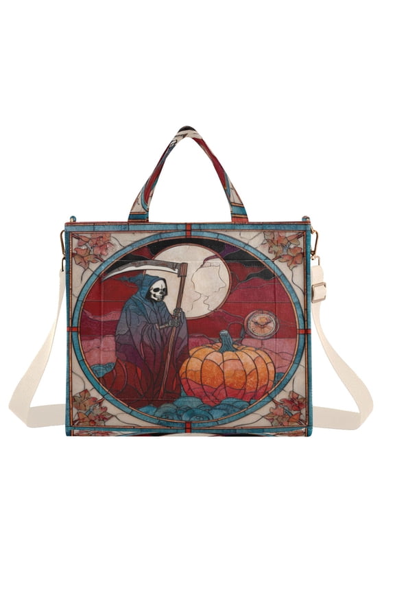 Corduroy Composite Fabric Tote Bag Magnetic Snap Large Capacity Crossbody Bag Beige Shoulder Strap Stained Glass Grim Reaper