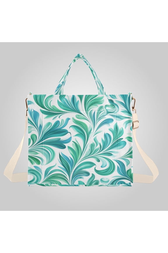 Corduroy Composite Fabric Tote Bag Magnetic Snap Large Capacity Crossbody Bag Beige Shoulder Strap Teal Swirl Damask Pattern