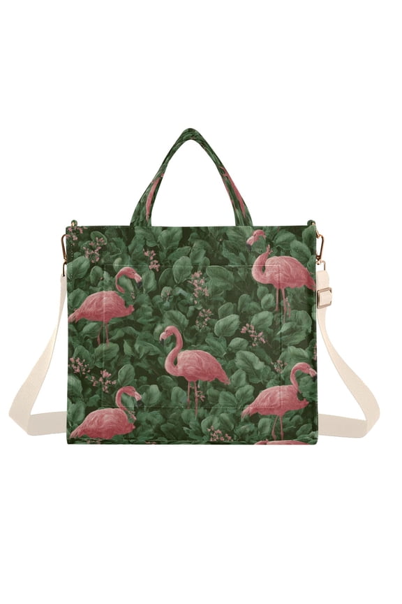 Corduroy Composite Fabric Tote Bag Magnetic Snap Large Capacity Crossbody Bag Beige Shoulder Strap The Flamingo Family