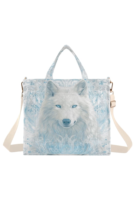 Corduroy Composite Fabric Tote Bag Magnetic Snap Large Capacity Crossbody Bag Beige Shoulder Strap The Proud White Wolf