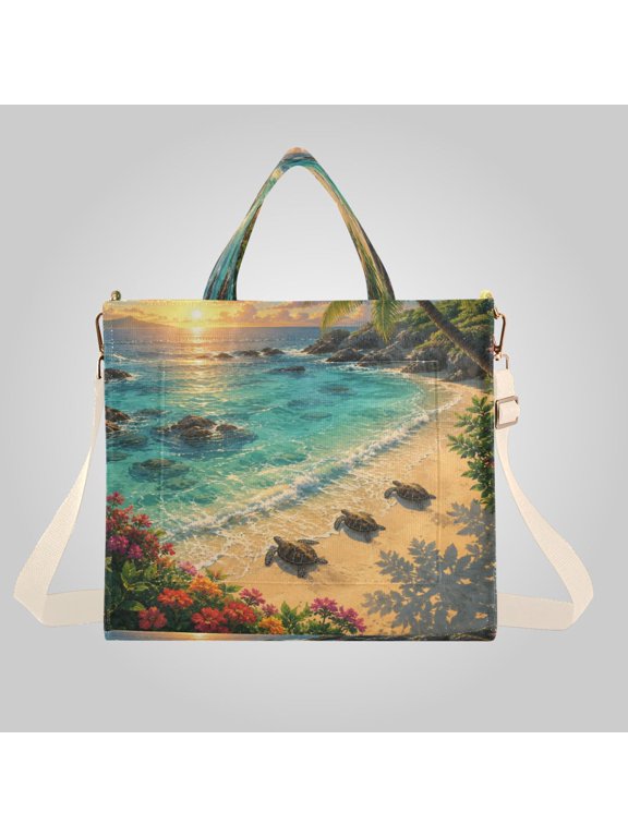 Corduroy Composite Fabric Tote Bag Magnetic Snap Large Capacity Crossbody Bag Beige Shoulder Strap Tropical Shore Sunset Turtles