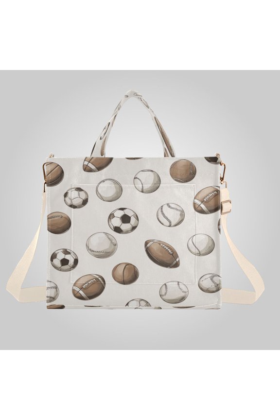 Corduroy Composite Fabric Tote Bag Magnetic Snap Large Capacity Crossbody Bag Beige Shoulder Strap Vintage Multi-sport Ball Pattern