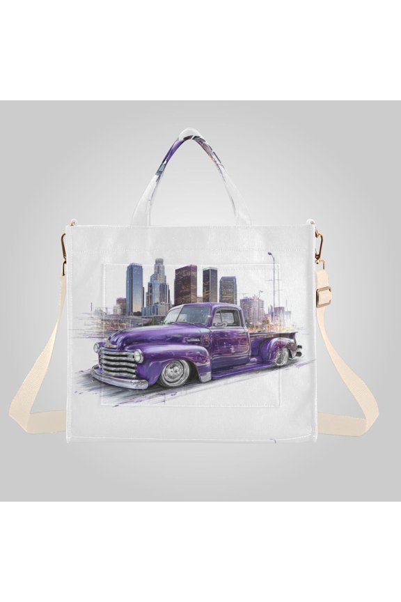 Corduroy Composite Fabric Tote Bag Magnetic Snap Large Capacity Crossbody Bag Beige Shoulder Strap Vintage Purple Truck City Art
