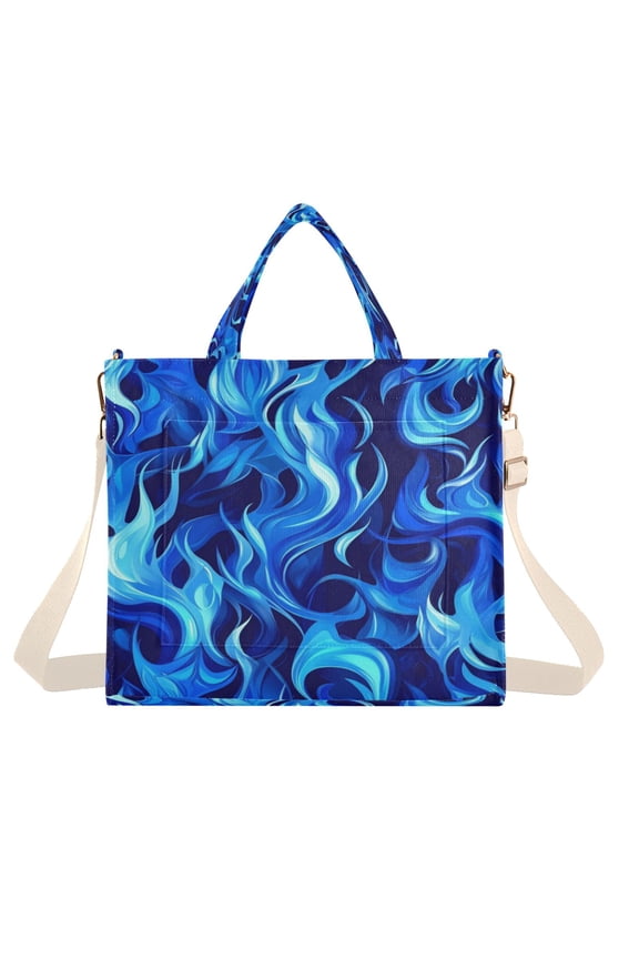 Corduroy Composite Fabric Tote Bag Magnetic Snap Large Capacity Crossbody Bag Beige Shoulder Strap Virbant Blue Blaze Pattern