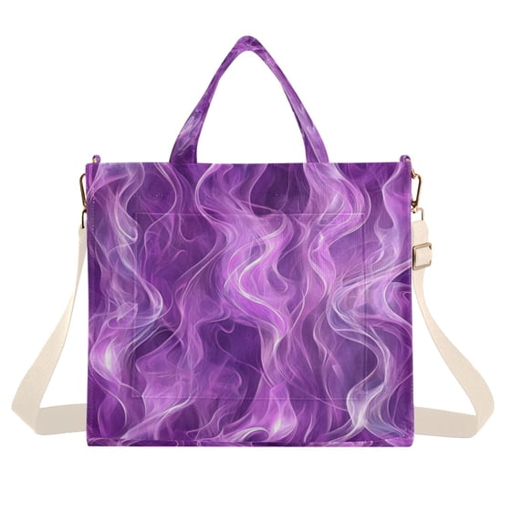 Corduroy Composite Fabric Tote Bag Magnetic Snap Large Capacity Crossbody Bag Beige Shoulder Strap Virbant Purple Flame