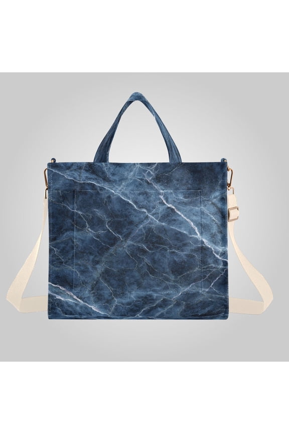 Corduroy Composite Fabric Tote Bag Magnetic Snap Large Capacity Crossbody Bag Beige Shoulder Strap Waves Of Midnight Blue Marble