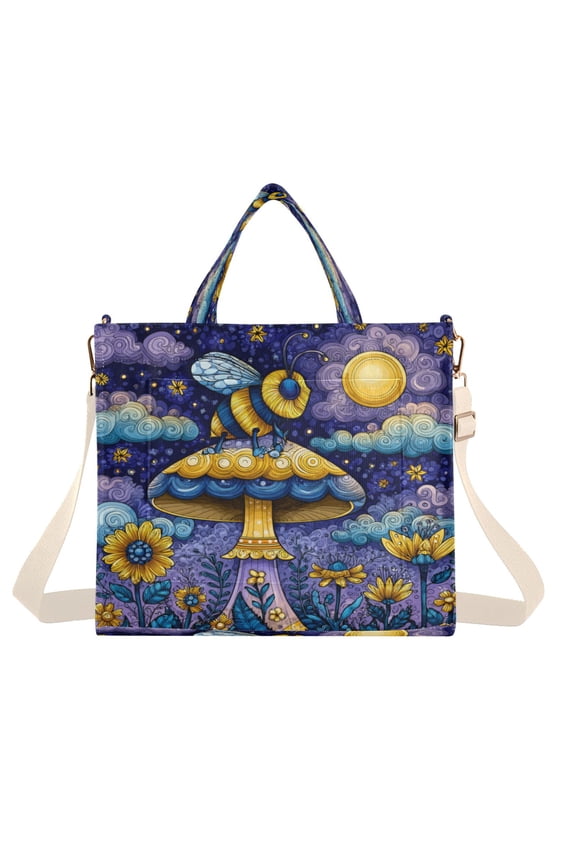 Corduroy Composite Fabric Tote Bag Magnetic Snap Large Capacity Crossbody Bag Beige Shoulder Strap Whimsical Cartoon Bee