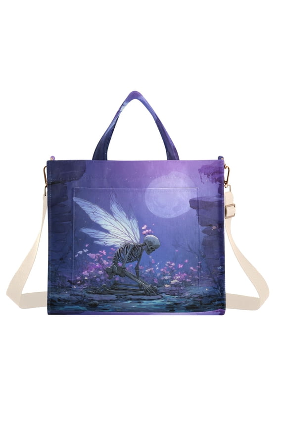 Corduroy Composite Fabric Tote Bag Magnetic Snap Large Capacity Crossbody Bag Beige Shoulder Strap Winged Skullman