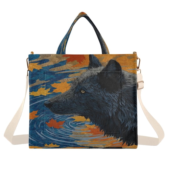Corduroy Composite Fabric Tote Bag Magnetic Snap Large Capacity Crossbody Bag Beige Shoulder Strap Wolf and Falling Leaves