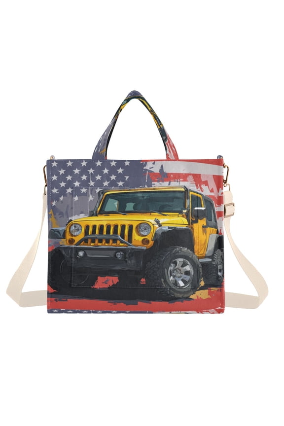 Corduroy Composite Fabric Tote Bag Magnetic Snap Large Capacity Crossbody Bag Beige Shoulder Strap Yellow Jeep Car Pattern