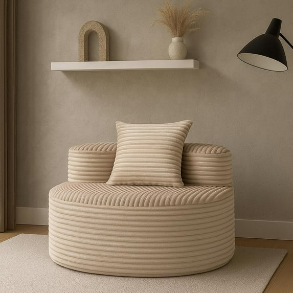 Corduroy Compression Sofa, Soft Durable Vertical Ribbed Fabric, High-Density Sponge & Throw Pillows, Modern Minimalist, No Assembly, for Living Room/Apartment/Home Office,Beige