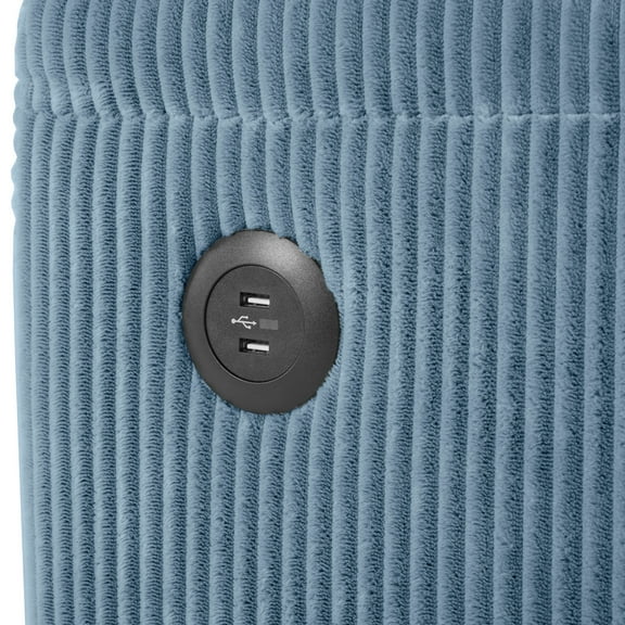 Corduroy Convertible Sleeper In Navy Blue With Full Mattress, 2 Ports, Cup Holders, Pockets & Phone Holder Size Chargers, Side Storage And Stand