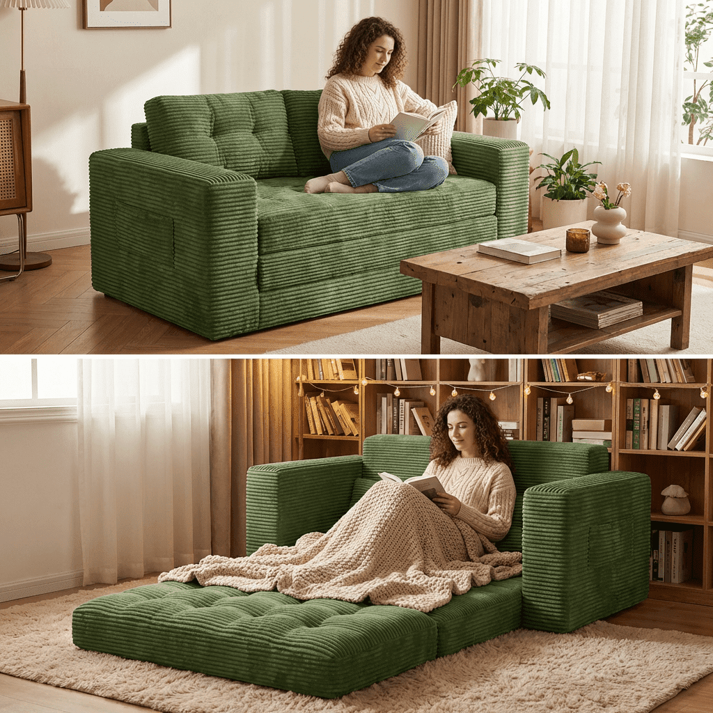 Corduroy Convertible Sleeper Sofa Bed, Loveseat Couch with Storage Pockets & Pillow for Small Spaces, No-Assembly Floor Sofa for Living Room Bedroom Apartment, Green