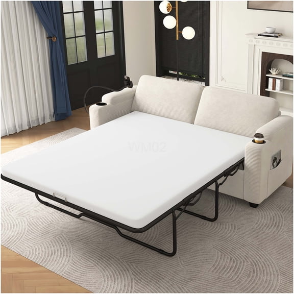 Corduroy Convertible Sofa Bed with Full Mattress, USB Charging, Cup Holders & Storage for Modern Living Room, Beige