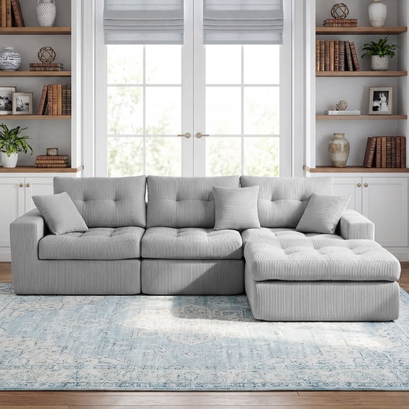 Corduroy Corner Chaise Compression Sofa Bed, L-Shaped Sectional Couch with High-Density Sponge, No-Assembly Required Convertible Sofa for Living Room, Apartment, Guest Room(Light Gray)