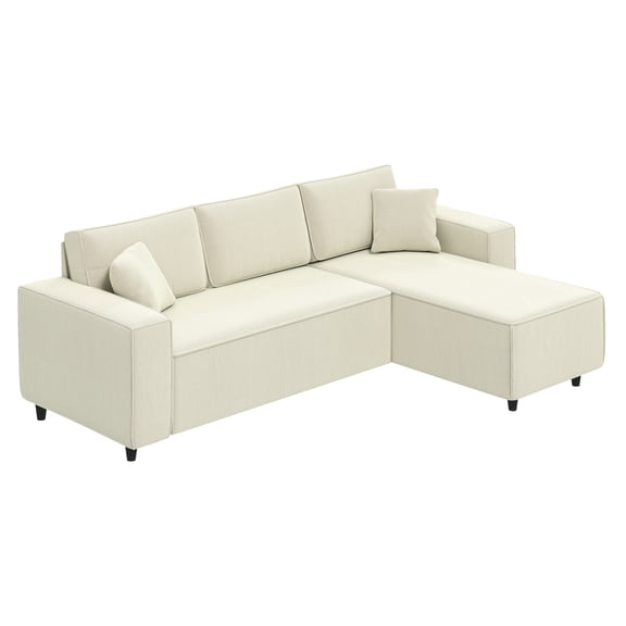 Corduroy Corner Sofa with Reversible Chaise, L-Shaped Sectional Couch, Cream White - 3 Seater, Pocket Spring, 992lbs Capacity