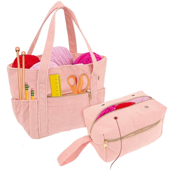 Adifare Corduroy Crochet Bag 11.5" Large Yarn Storage Tote with Grommet Needle Holder Knitting Bag Organizer for Crochet Hook Accessory Tool Project Present