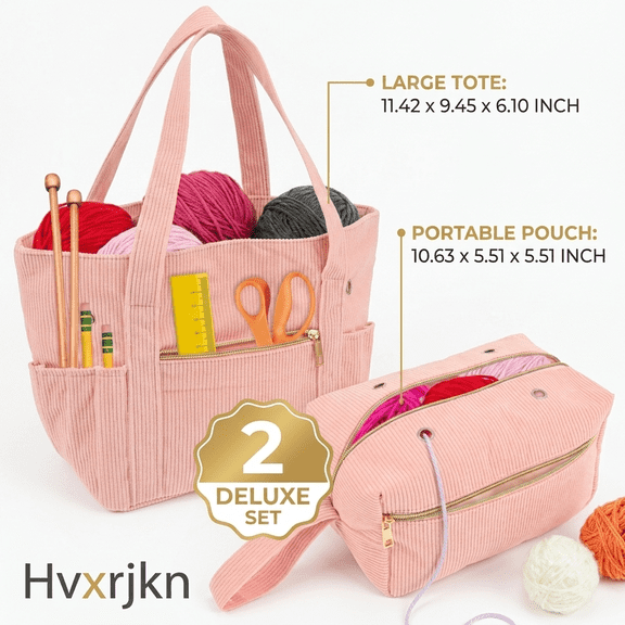 Adifare Corduroy Crochet Bag 11.5" Large Yarn Storage Tote with Grommet Needle Holder Knitting Bag Organizer for Crochet Hook Accessory Tool Project Present