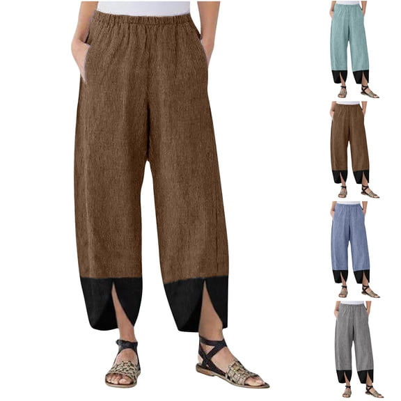 Corduroy Cropped Ankle Pants Womens Baggy Elastic Waist Capris Pant Ribbed Oversized 3/4 Length Trousers with Pockets Ladies Spring Autumn Casual Slacks Loungewear & Workwear