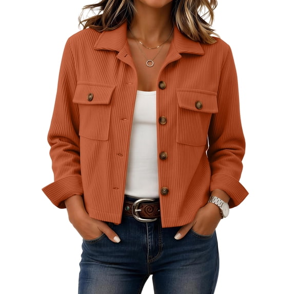 Corduroy Cropped Jacket for Women, Trendy Button Down Long Sleeve Solid Color Shacket, Fall Casual Streetwear Outerwear with Pockets Saffron 2XL