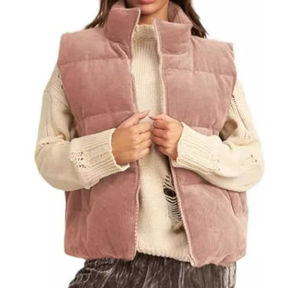 Corduroy Cropped Puffer Vest for Women Lightweight Stand Collar Sleeveless Jackets Zip Up Clothes Fashion 2024(Size:L)