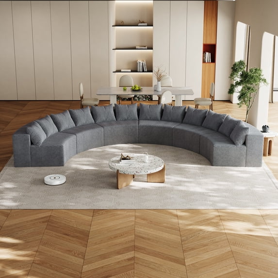 Corduroy Curved Sectional Foam Sofa with 12 Pillows,Curved Symmetrical Modular Semi Circular Sofa Sectional for Bedroom, Living Room, Office for Leisure Or Nap, Reading Room(Six Modules) (Grey)