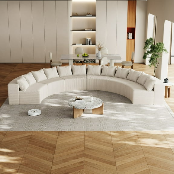 Corduroy Curved Sectional Foam Sofa with 12 Pillows,Curved Symmetrical Modular Semi Circular Sofa Sectional for Bedroom, Living Room, Office for Leisure Or Nap, Reading Room(Six Modules) (Beige)
