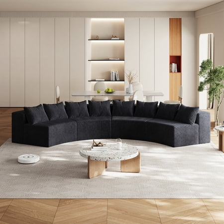 Corduroy Curved Sectional Sofa with 8 Pillows,Curved Symmetrical Modular Semi Circular Sofa Sectional for Bedroom, Living Room, Office for Leisure Or Nap, Reading Room, and Lobby(Four Modules)(Black)